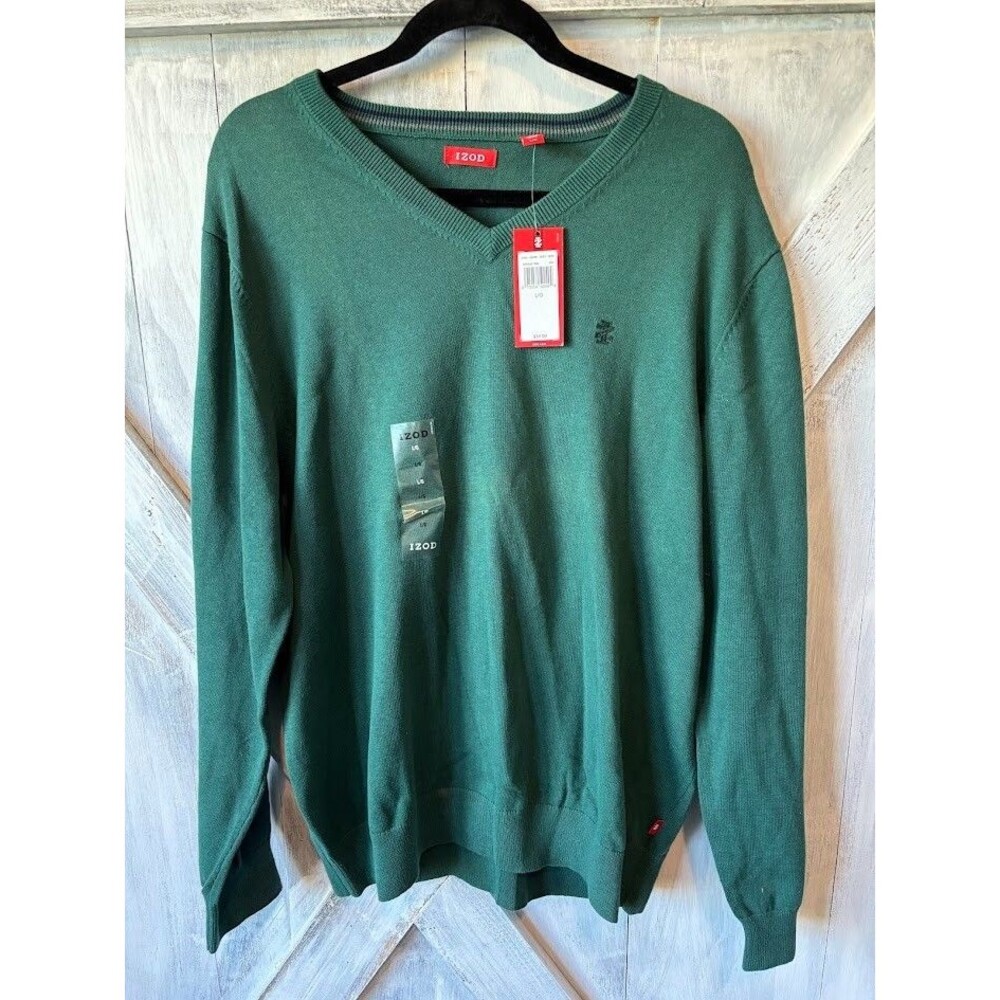 IZOD Men's V-neck Pullover Sweater Sz Large Green 2010s Shirt NEW WITH TAGS